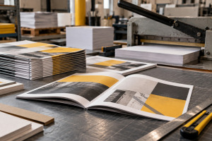 Maqueta impresa de un folleto editorial junto a pruebas de impresión y papeles