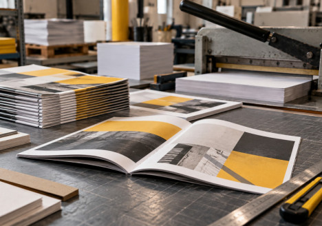 Maqueta impresa de un folleto editorial junto a pruebas de impresión y papeles