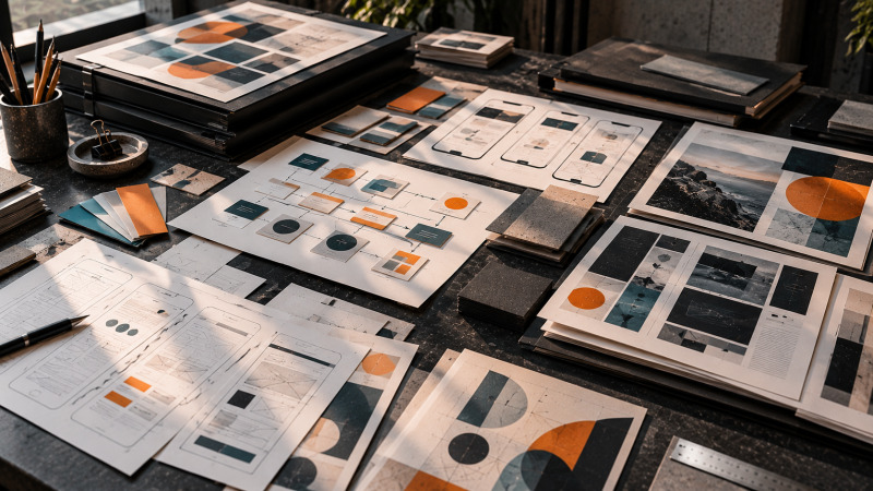 Bocetos impresos de interfaces web y tarjetas de flujo de una aplicación sobre una mesa de diseño