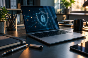 Ordenador portátil en un escritorio con una representación abstracta de una amenaza digital y elementos de ciberseguridad