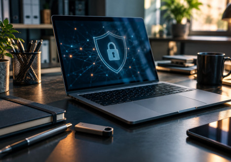 Ordenador portátil en un escritorio con una representación abstracta de una amenaza digital y elementos de ciberseguridad