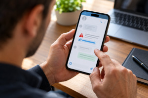 Persona revisando un mensaje sospechoso de WhatsApp en un teléfono móvil