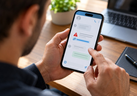Persona revisando un mensaje sospechoso de WhatsApp en un teléfono móvil