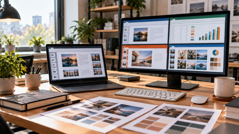 Ordenador portátil y monitor con ventanas abstractas de documentos, tablas y diapositivas en una mesa de trabajo