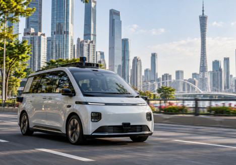 Robotaxi eléctrico moderno en una calle urbana de Guangzhou, preparado para pruebas de conducción autónoma